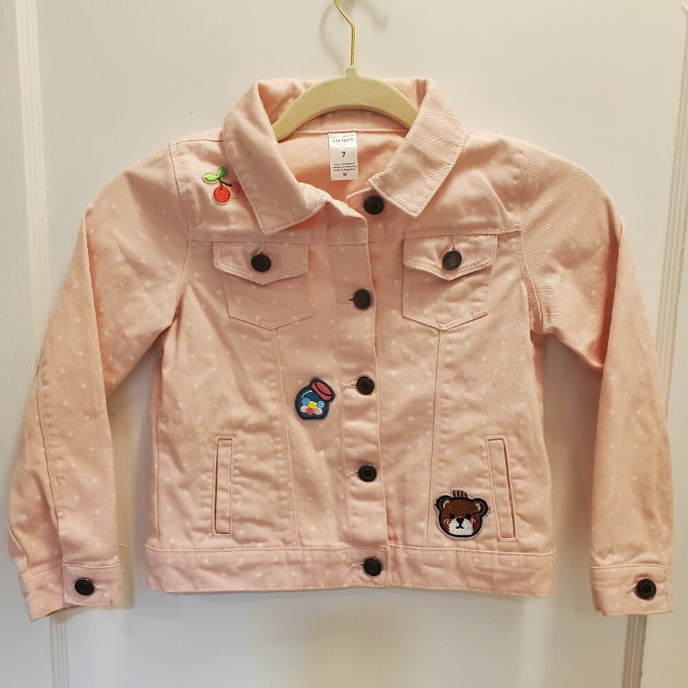 Carter's Pink Denim Jacket with White Polka Dots and Cute Patches front & back